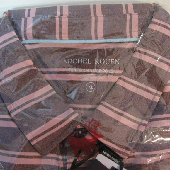 * Michel Rouen Performance Polo XL New NWT $35 Striped Wine Berry Red - Picture 2 of 4